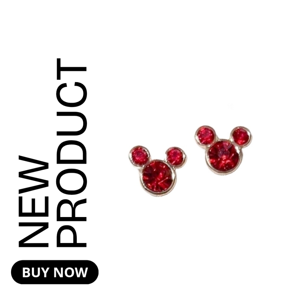 NEW January Garnet Mini Stone Mickey Mouse Gold Plated Earrings